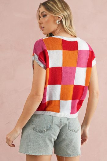 Women Knit Tops | Fiery Red Checkered Color Block Cap Sleeve Knitted Top
