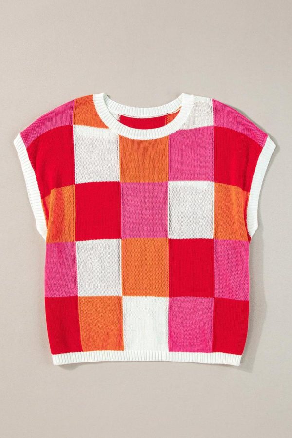 Women Knit Tops | Fiery Red Checkered Color Block Cap Sleeve Knitted Top - Image 2