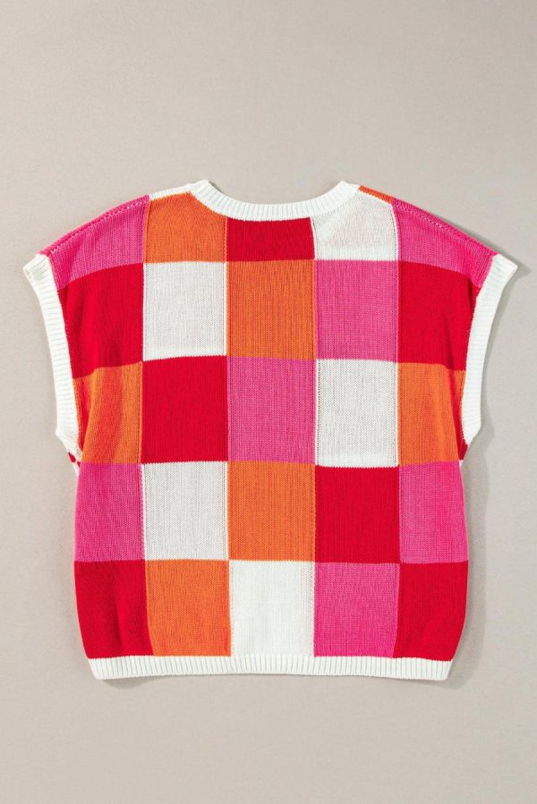 Women Knit Tops | Fiery Red Checkered Color Block Cap Sleeve Knitted Top - Image 3