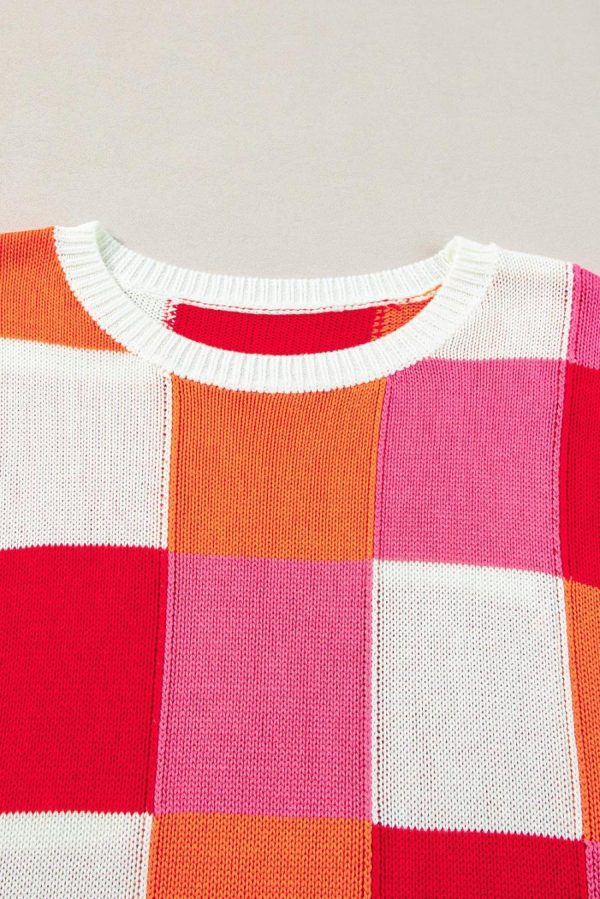 Women Knit Tops | Fiery Red Checkered Color Block Cap Sleeve Knitted Top - Image 4