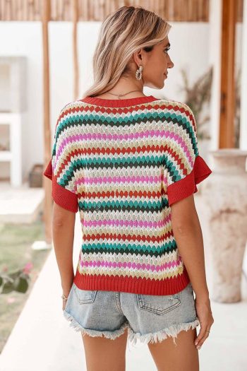 Women Knit Tops | Fiery Red Striped Diamond Print Ruffle Sleeve Knit Top