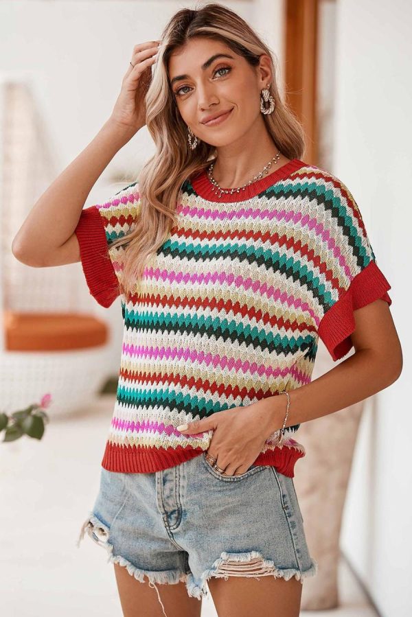 Women Knit Tops | Fiery Red Striped Diamond Print Ruffle Sleeve Knit Top - Image 2