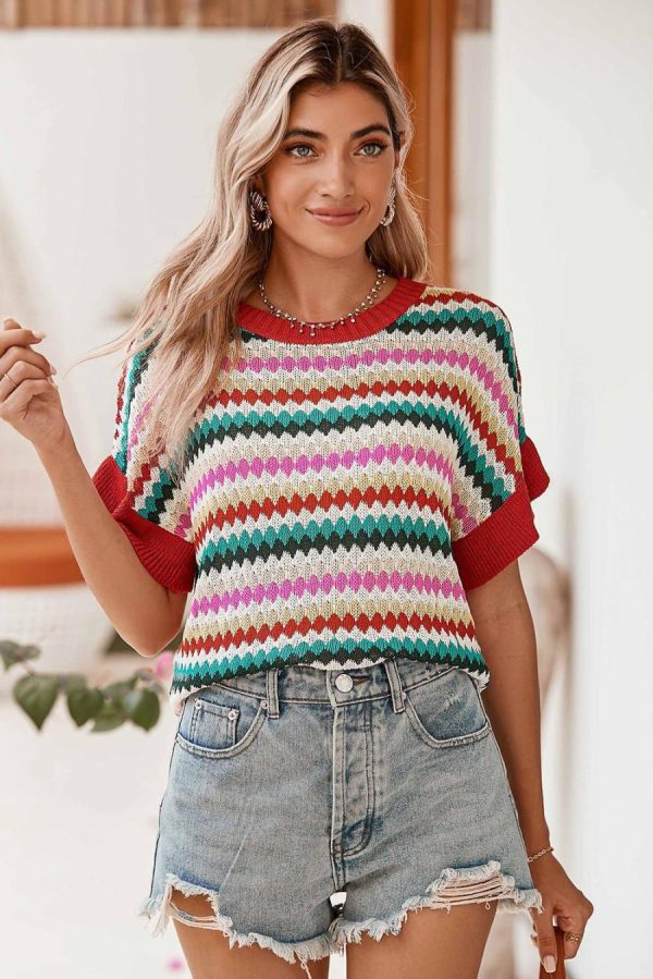 Women Knit Tops | Fiery Red Striped Diamond Print Ruffle Sleeve Knit Top - Image 4