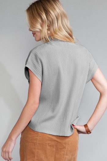 Women Knit Tops | Gray Patch Pocket Ribbed Knit Short Sleeve Sweater