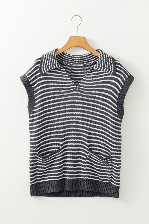 Women Knit Tops | Gray Stripe Collared V Neck Pockets Sweater Vest - Image 3