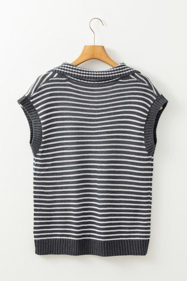 Women Knit Tops | Gray Stripe Collared V Neck Pockets Sweater Vest - Image 4