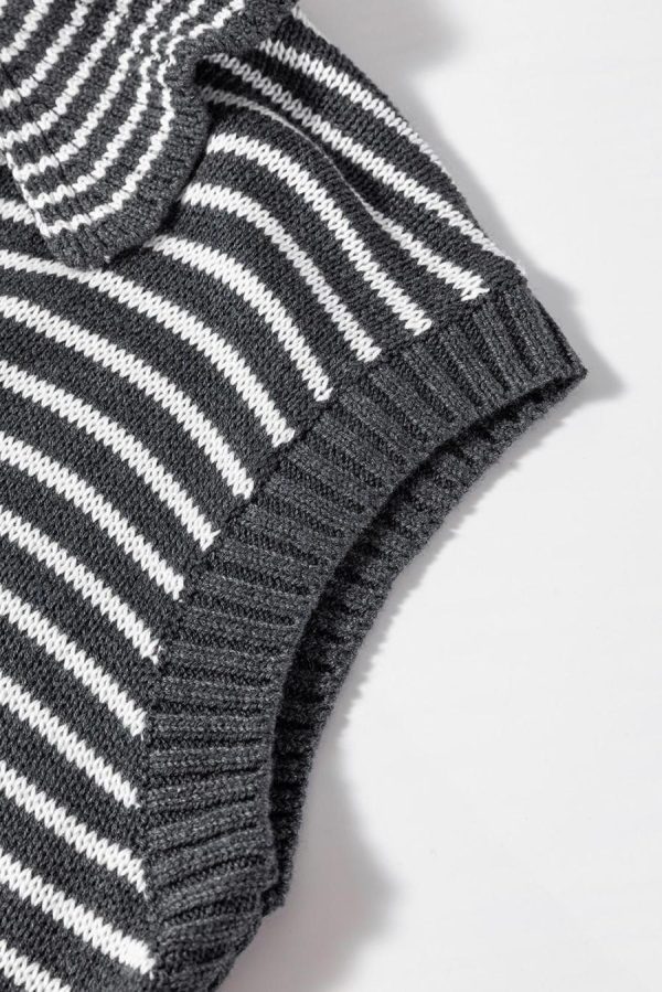 Women Knit Tops | Gray Stripe Collared V Neck Pockets Sweater Vest - Image 6