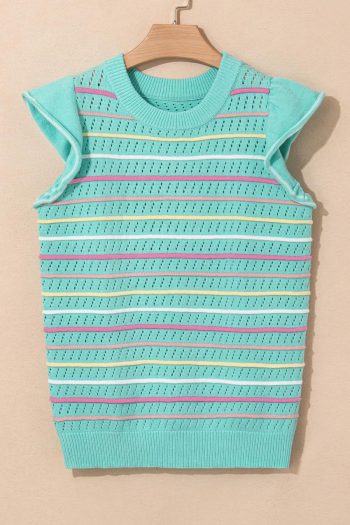 Women Knit Tops | Green Colorful Striped Eyelet Knit Ruffle Top
