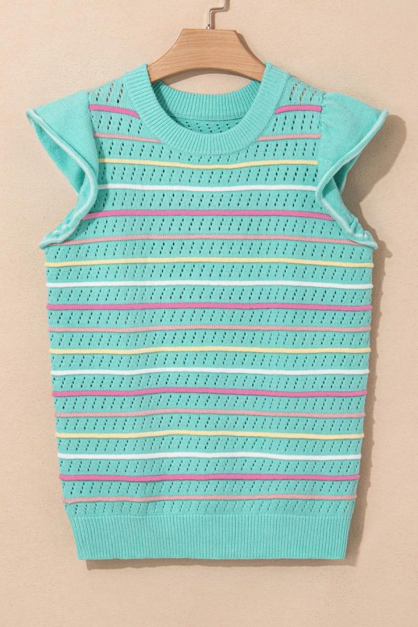 Women Knit Tops | Green Colorful Striped Eyelet Knit Ruffle Top
