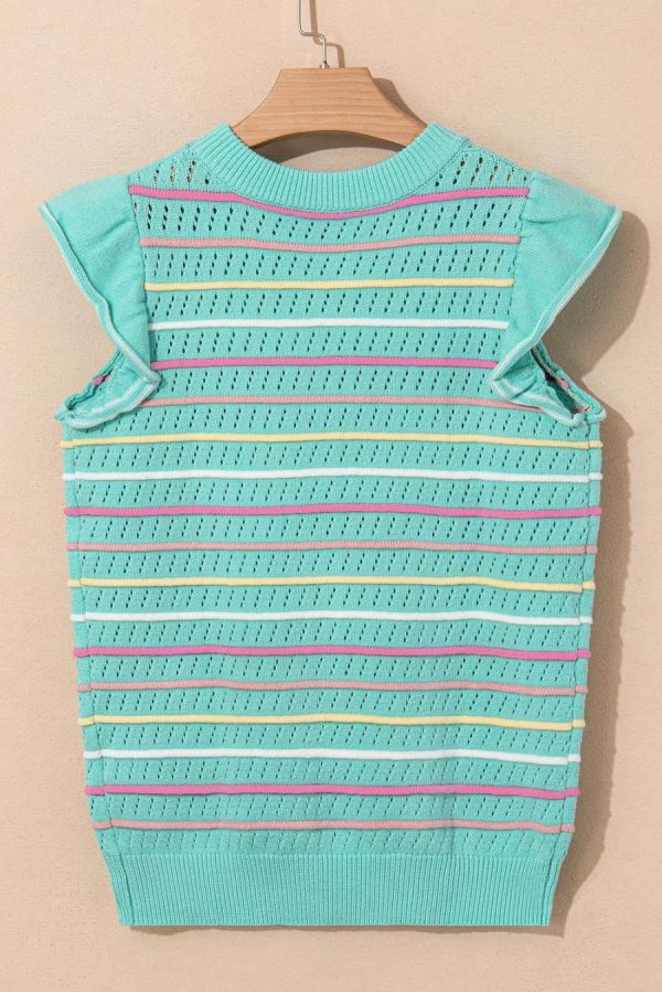 Women Knit Tops | Green Colorful Striped Eyelet Knit Ruffle Top - Image 2