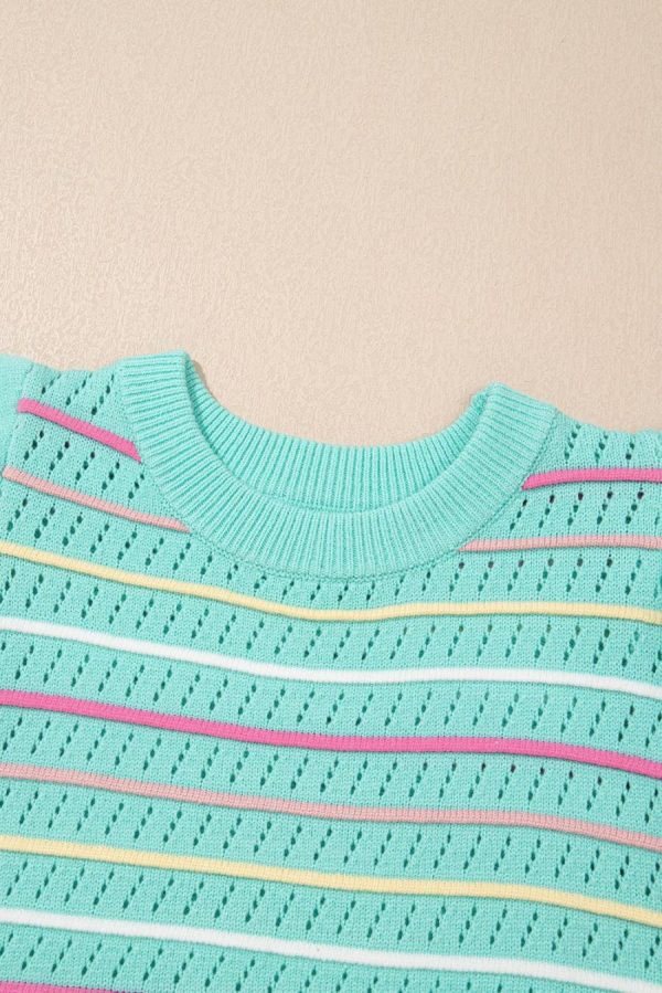 Women Knit Tops | Green Colorful Striped Eyelet Knit Ruffle Top - Image 3