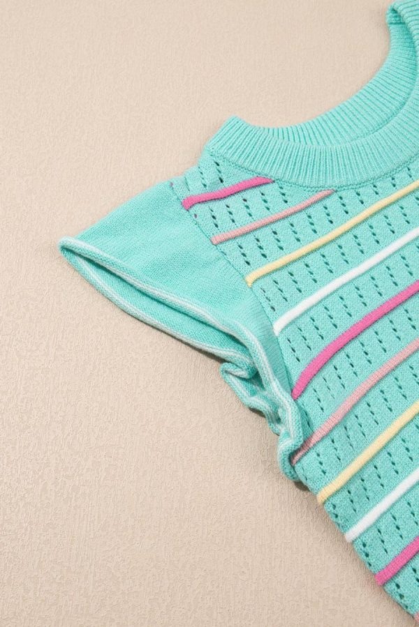 Women Knit Tops | Green Colorful Striped Eyelet Knit Ruffle Top - Image 4