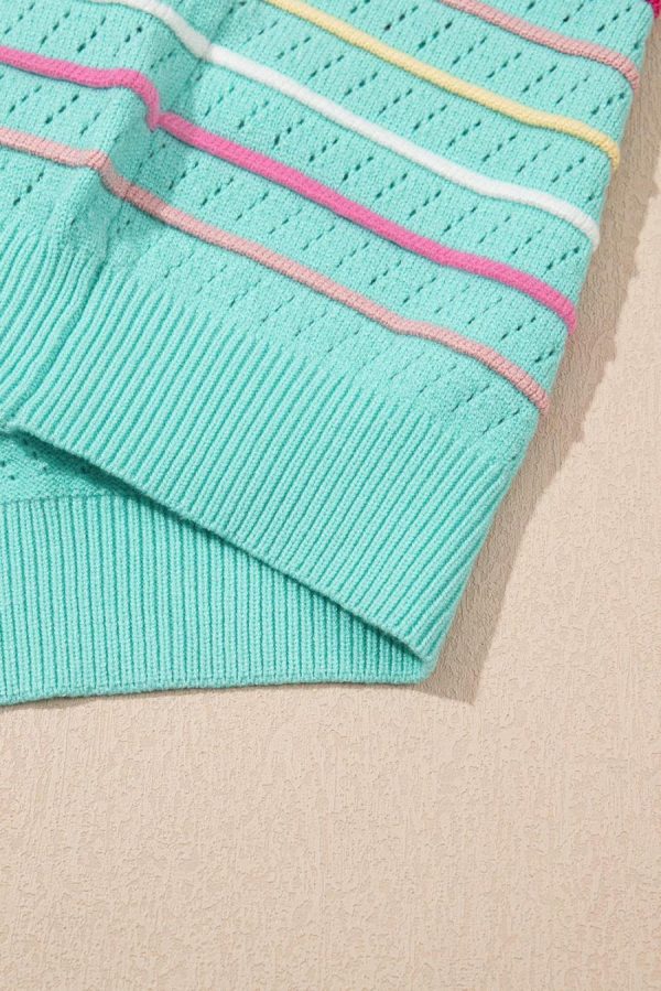 Women Knit Tops | Green Colorful Striped Eyelet Knit Ruffle Top - Image 5