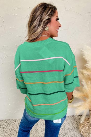 Women Knit Tops | Green Striped Half Sleeve Drop Shoulder Sweater