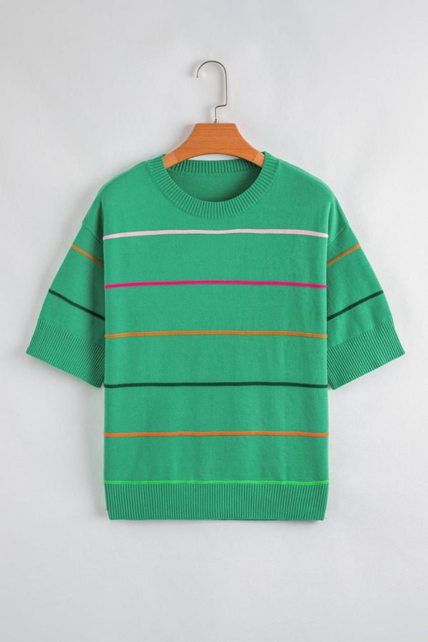 Women Knit Tops | Green Striped Half Sleeve Drop Shoulder Sweater - Image 2