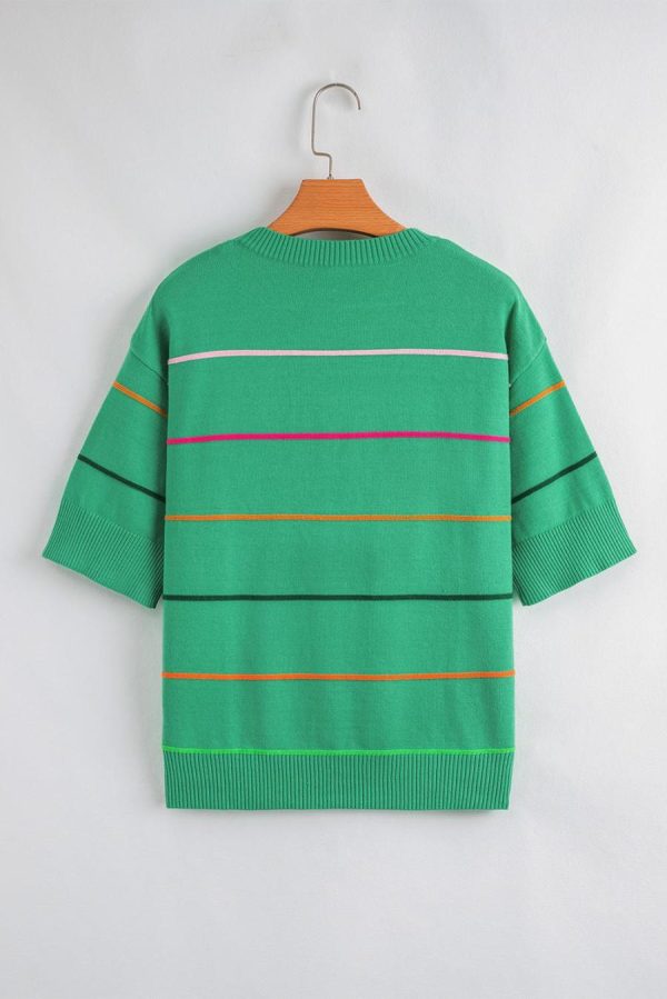 Women Knit Tops | Green Striped Half Sleeve Drop Shoulder Sweater - Image 3