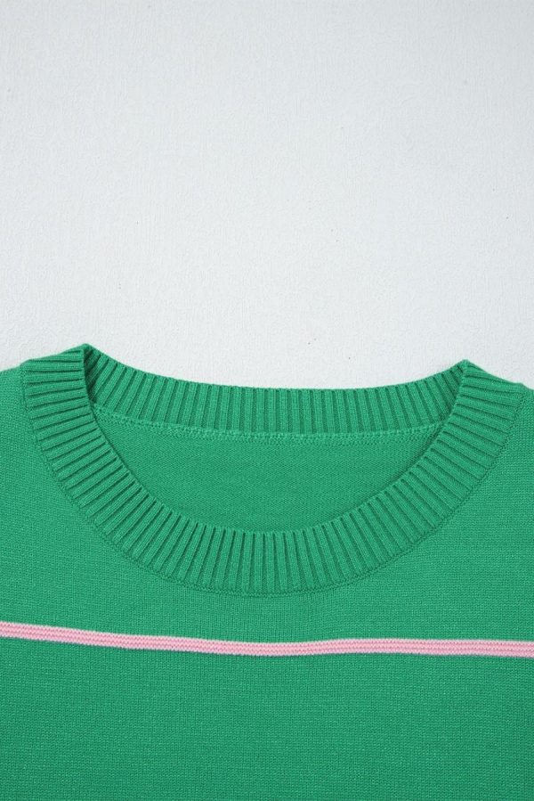 Women Knit Tops | Green Striped Half Sleeve Drop Shoulder Sweater - Image 4