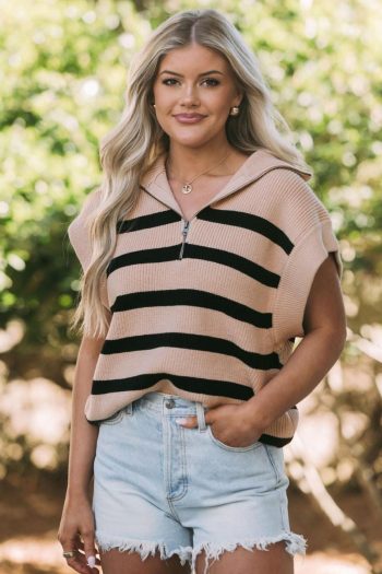 Women Knit Tops | Khaki Stripe Zipped Collar Short Sleeve Knitted Top