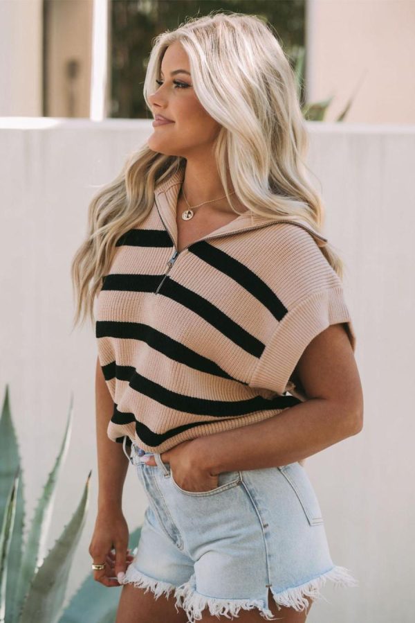 Women Knit Tops | Khaki Stripe Zipped Collar Short Sleeve Knitted Top - Image 3