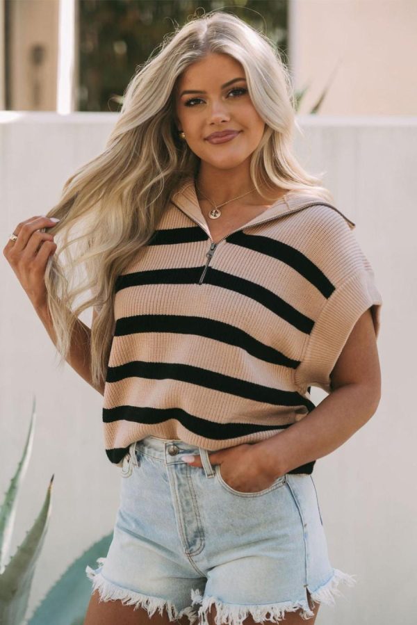 Women Knit Tops | Khaki Stripe Zipped Collar Short Sleeve Knitted Top - Image 4