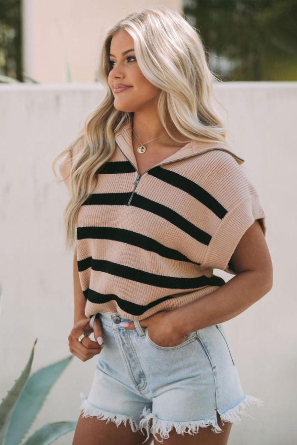Women Knit Tops | Khaki Stripe Zipped Collar Short Sleeve Knitted Top - Image 5