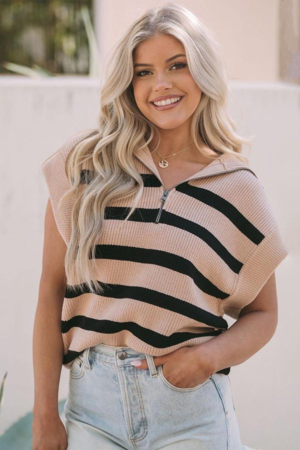 Women Knit Tops | Khaki Stripe Zipped Collar Short Sleeve Knitted Top - Image 6