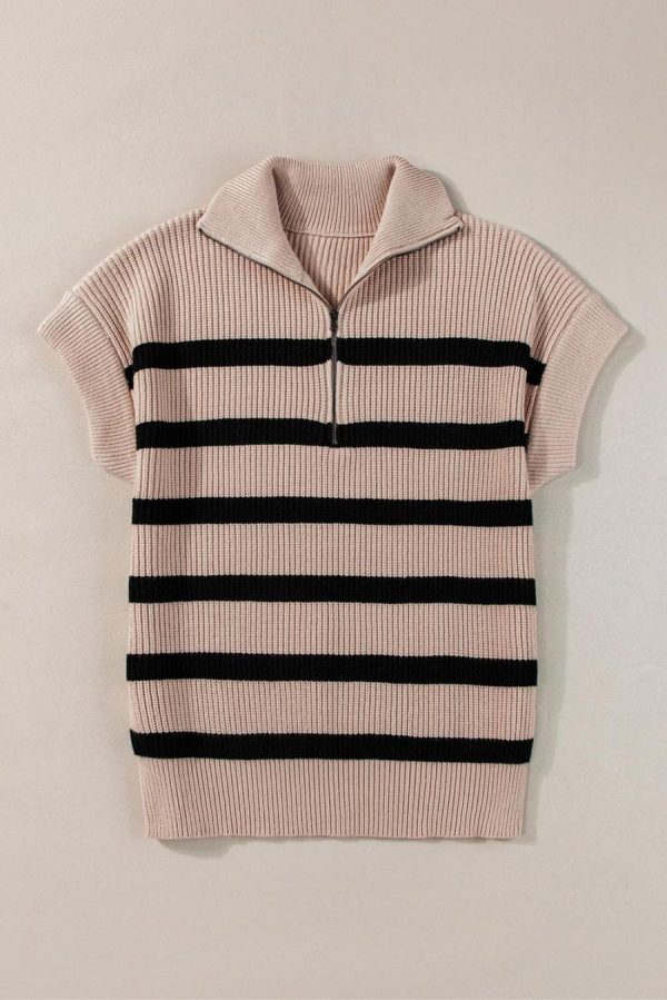 Women Knit Tops | Khaki Stripe Zipped Collar Short Sleeve Knitted Top - Image 7