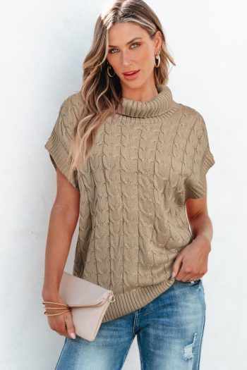 Women Knit Tops | Light Beige Turtleneck Short Dolman Sleeve Cable Knit Sweater