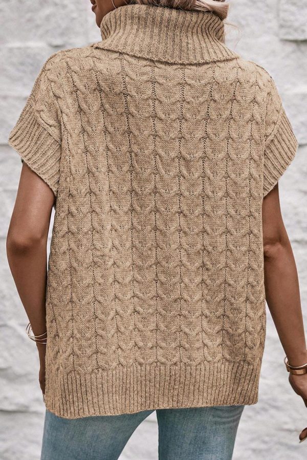Women Knit Tops | Light Beige Turtleneck Short Dolman Sleeve Cable Knit Sweater - Image 2