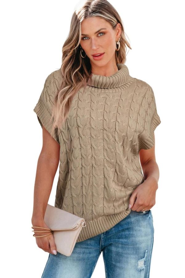 Women Knit Tops | Light Beige Turtleneck Short Dolman Sleeve Cable Knit Sweater - Image 3