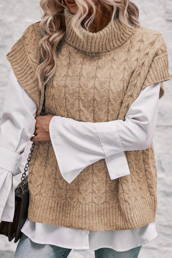 Women Knit Tops | Light Beige Turtleneck Short Dolman Sleeve Cable Knit Sweater - Image 5