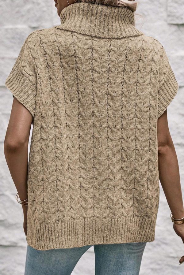 Women Knit Tops | Light Beige Turtleneck Short Dolman Sleeve Cable Knit Sweater - Image 6