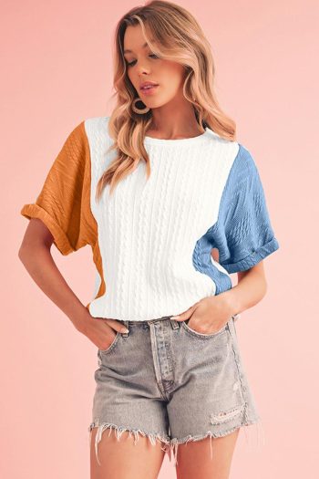 Women Knit Tops | Light Blue Color Block Textured Loose Fit T Shirt