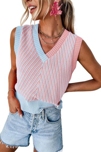 Women Knit Tops | Light Pink Colorblock Chevron V Neck Knitted Vest