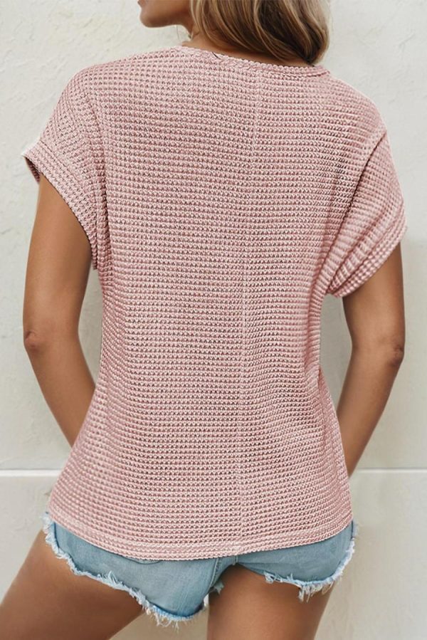 Women Knit Tops | Light Pink Hollow Patchwork Waffle Knit Top - Image 2