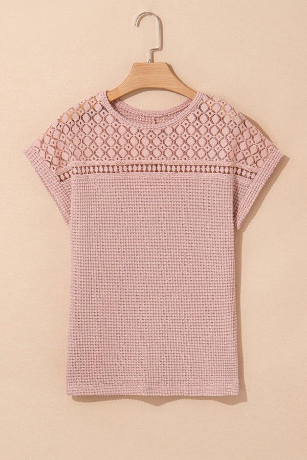 Women Knit Tops | Light Pink Hollow Patchwork Waffle Knit Top - Image 4