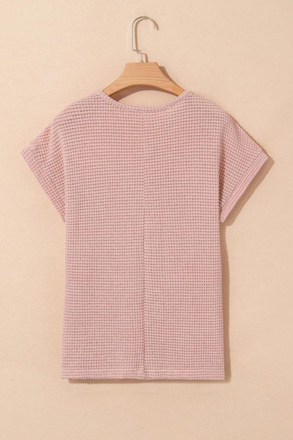Women Knit Tops | Light Pink Hollow Patchwork Waffle Knit Top - Image 5