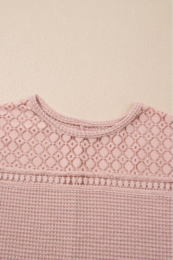 Women Knit Tops | Light Pink Hollow Patchwork Waffle Knit Top - Image 6