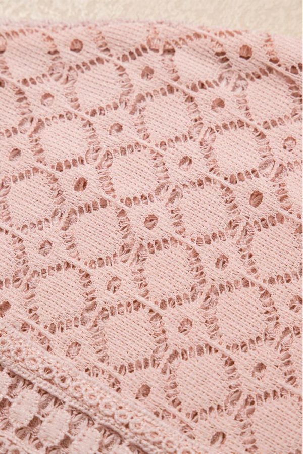 Women Knit Tops | Light Pink Hollow Patchwork Waffle Knit Top - Image 7