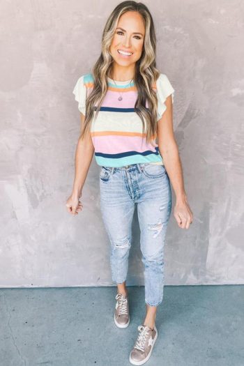Women Knit Tops | Multicolour Striped Colorblock Flutter Sleeve Knit Top