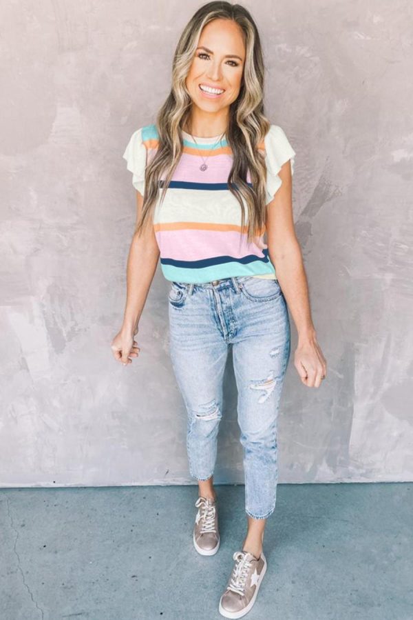 Women Knit Tops | Multicolour Striped Colorblock Flutter Sleeve Knit Top