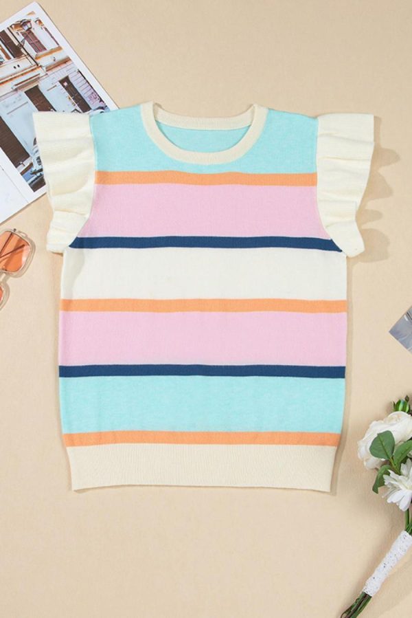 Women Knit Tops | Multicolour Striped Colorblock Flutter Sleeve Knit Top - Image 2