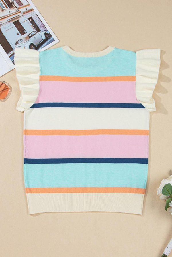 Women Knit Tops | Multicolour Striped Colorblock Flutter Sleeve Knit Top - Image 3