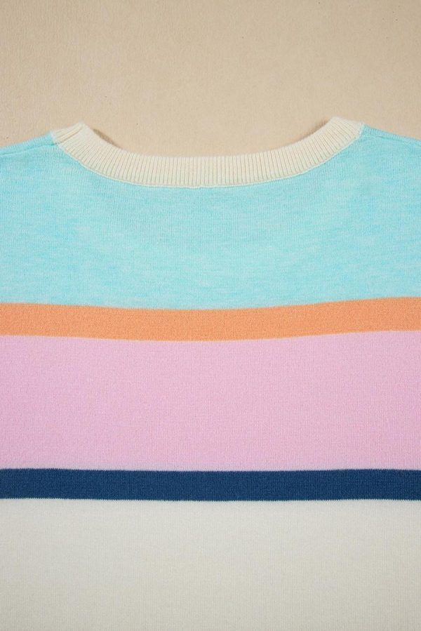 Women Knit Tops | Multicolour Striped Colorblock Flutter Sleeve Knit Top - Image 4