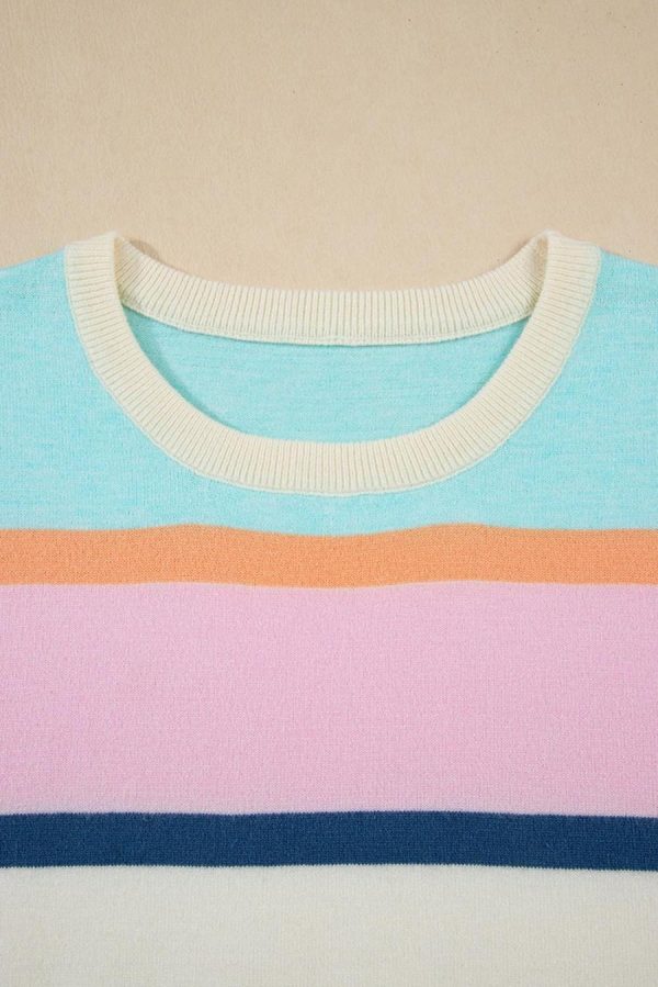 Women Knit Tops | Multicolour Striped Colorblock Flutter Sleeve Knit Top - Image 7
