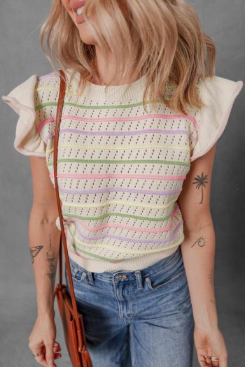Women Knit Tops | Oatmeal Colorful Striped Eyelet Knit Ruffle Top