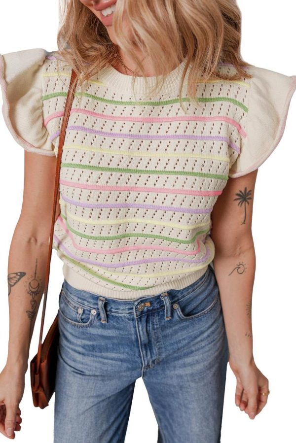 Women Knit Tops | Oatmeal Colorful Striped Eyelet Knit Ruffle Top - Image 3