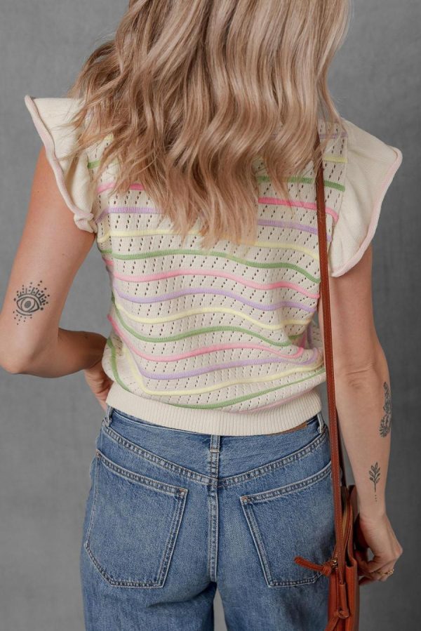 Women Knit Tops | Oatmeal Colorful Striped Eyelet Knit Ruffle Top - Image 4