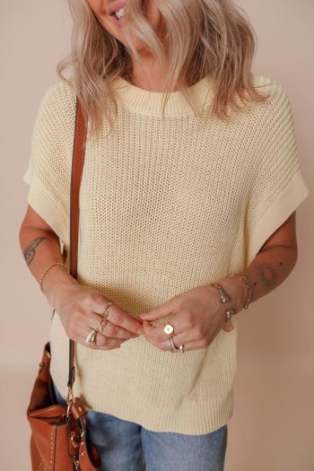Women Knit Tops | Oatmeal Solid Color Batwing Short Sleeve Round Neck Knit T Shirt