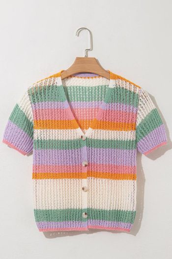 Women Knit Tops | Orange Colorblock Striped Cropped Pointelle Knit Top